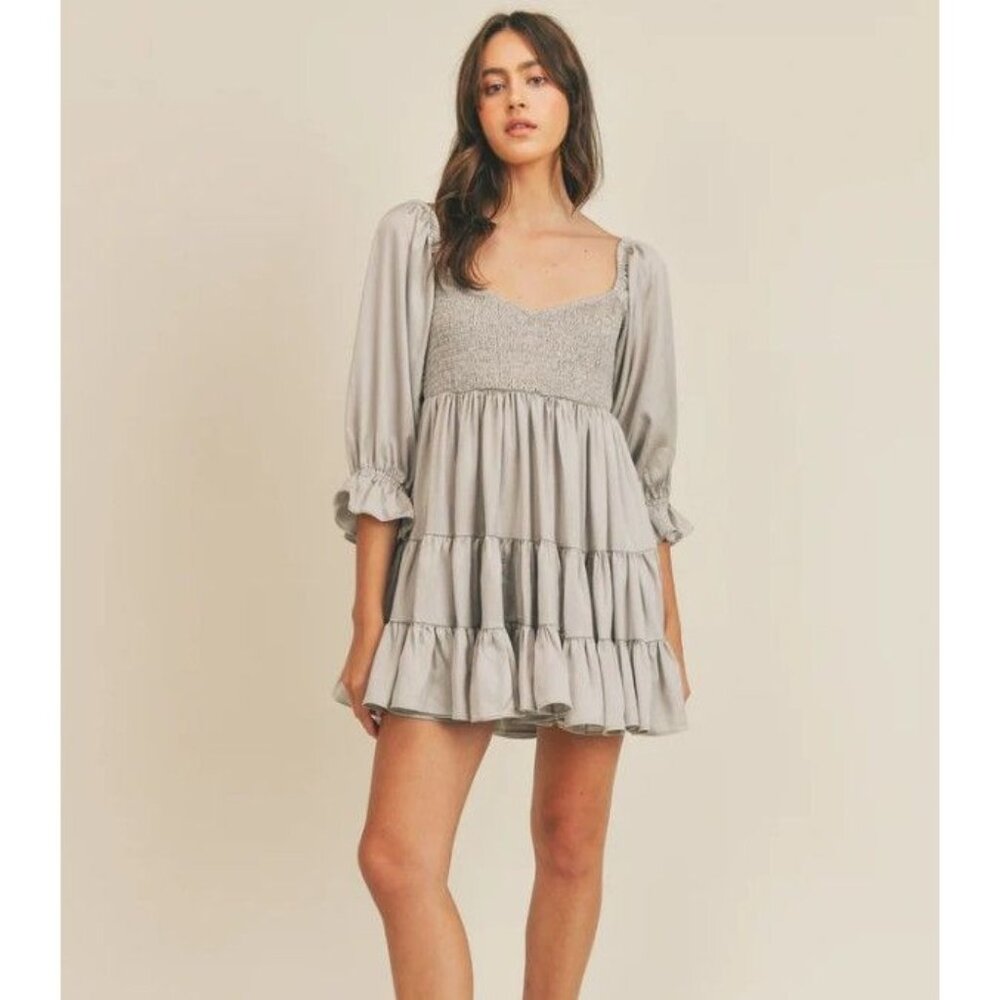 Mable Womens Y2k Smocked Beautiful Babe Dusty Blue Tiered Mini Dress S Ruffle